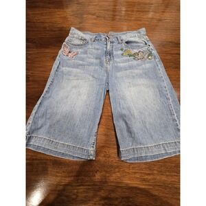 Zena Jeans Bermuda Denim Shorts Blue Embroidered Butterfly Floral Women's